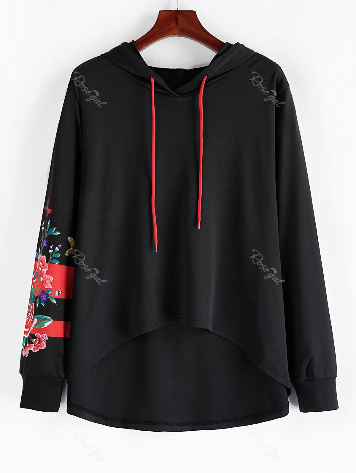 

Plus Size Flower Print Drawstring Overlap Pullover Hoodie, Black