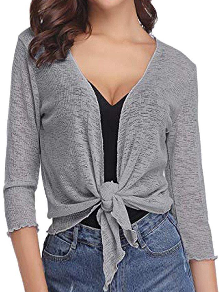 

Three Quarter Sleeves Tie Hem Cardigan, Gray