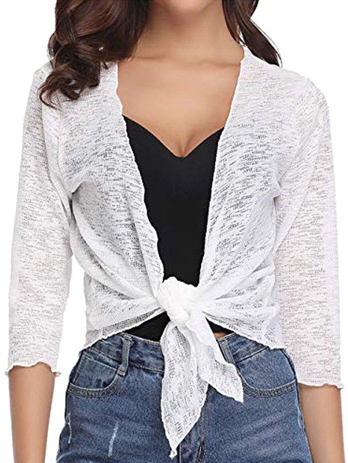 

Three Quarter Sleeves Tie Hem Cardigan, White