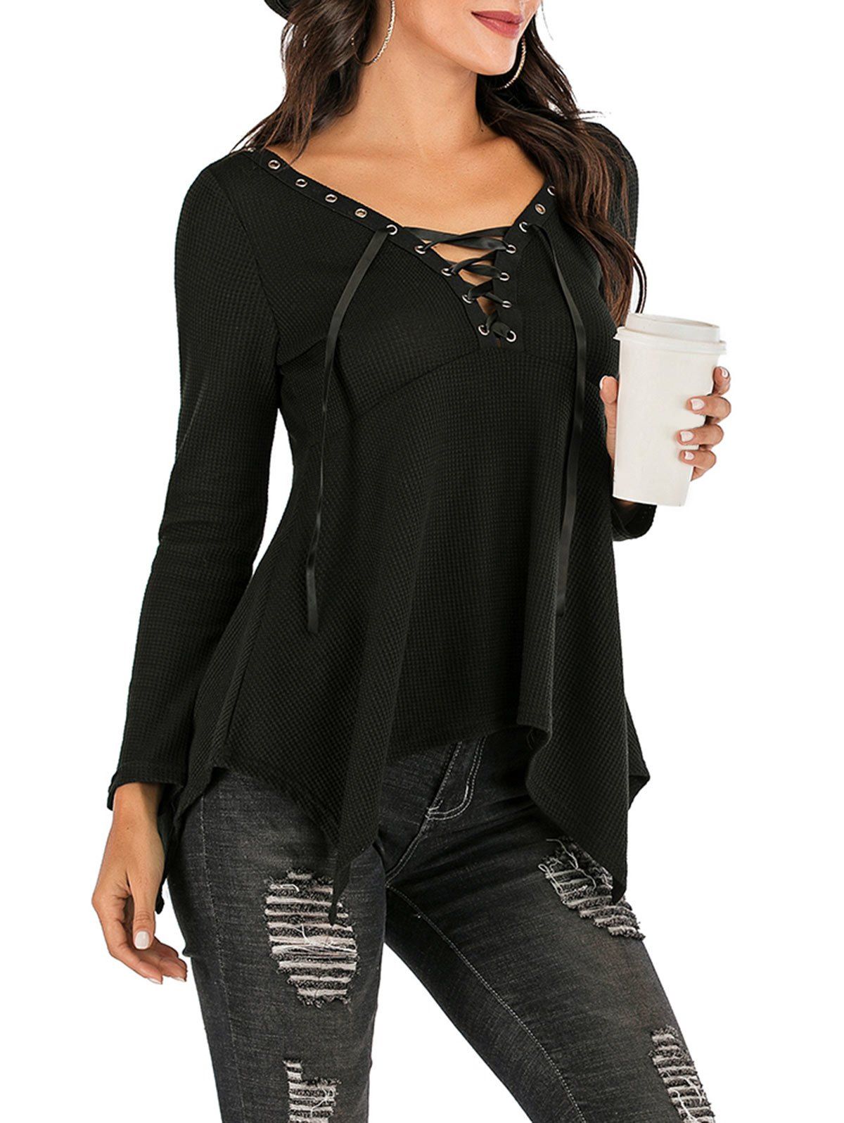 

Crosshatch Knit Lace-up Asymmetrical Knitwear, Black