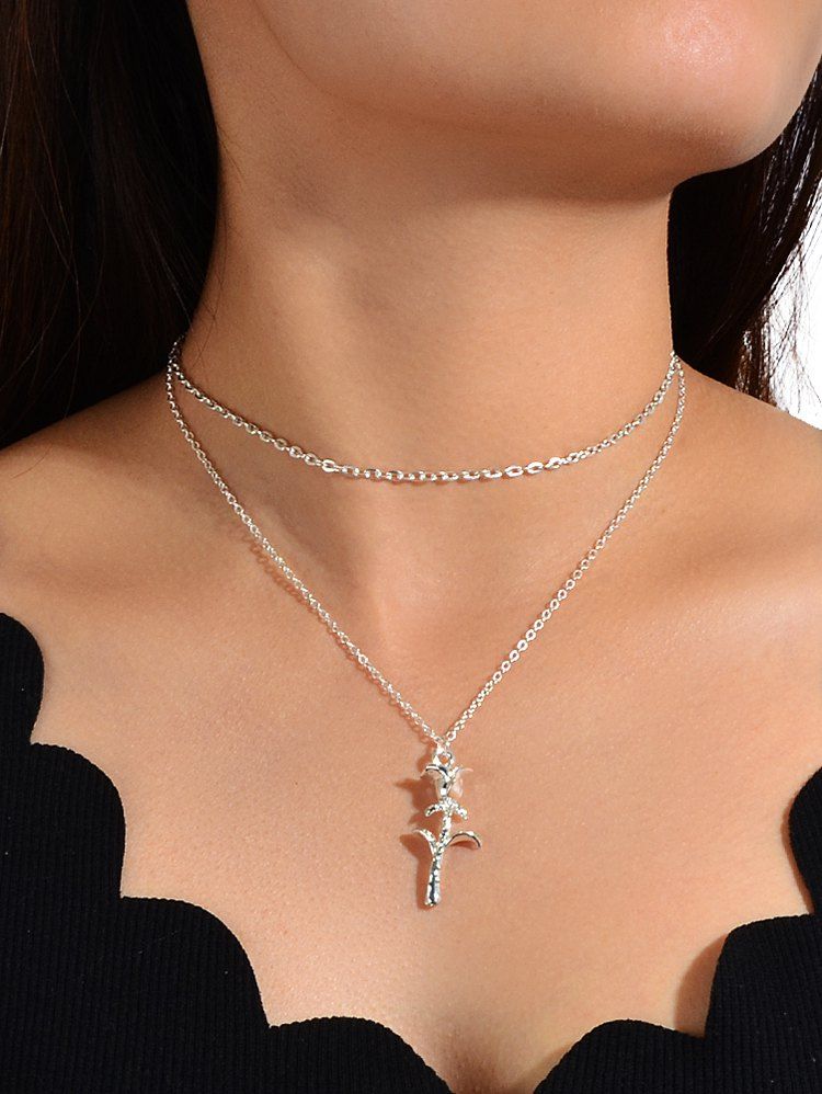 

Layered Rose Pendant Necklace, Silver