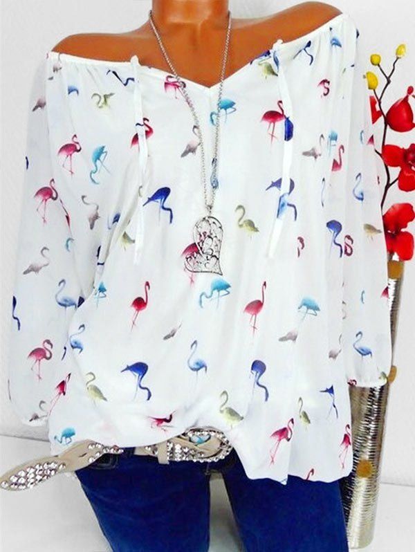 

Plus Size Chiffon Flamingo Print Blouse, White