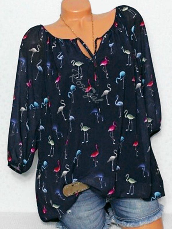

Plus Size Chiffon Flamingo Print Blouse, Cadetblue