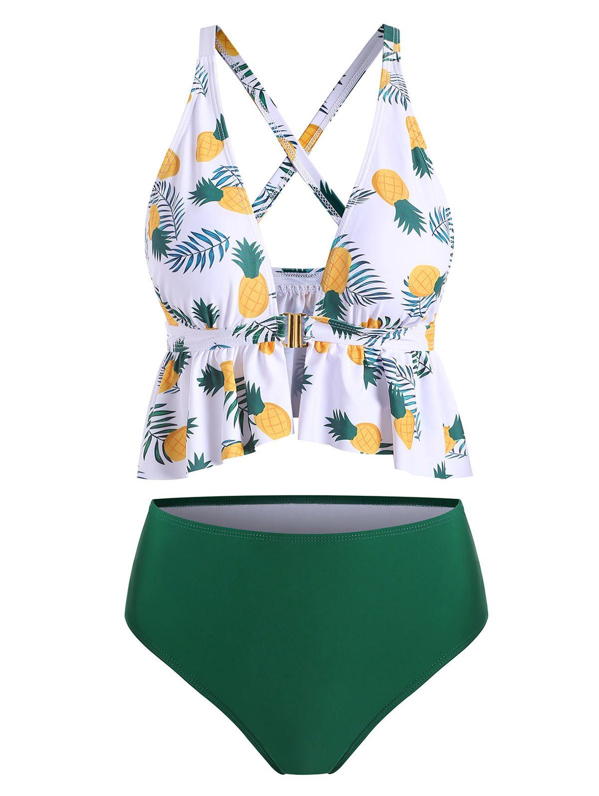 

Pineapple Criss Cross Peplum Hem Tankini Swimsuit, Pine green