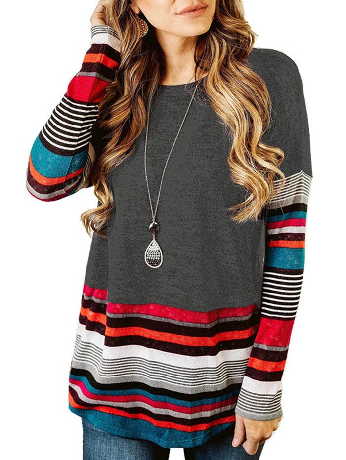 

Casual Striped Drop Shoulder T-shirt, Gray