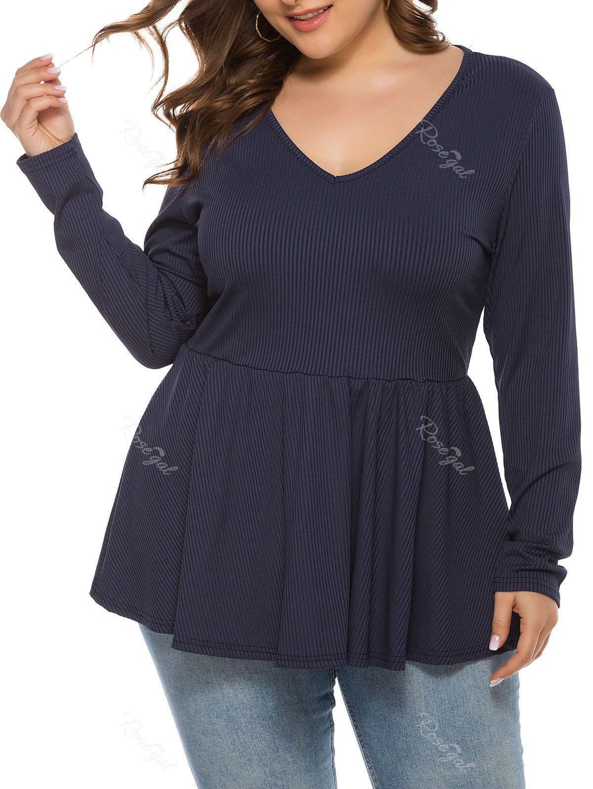 

Plus Size Ribbed Long Sleeve Tunic Top, Cadetblue