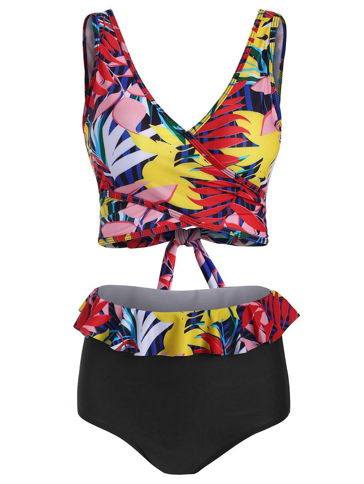 

Leaf Print Knot Ruffle High Waisted Bikini Swimsuit, Multi