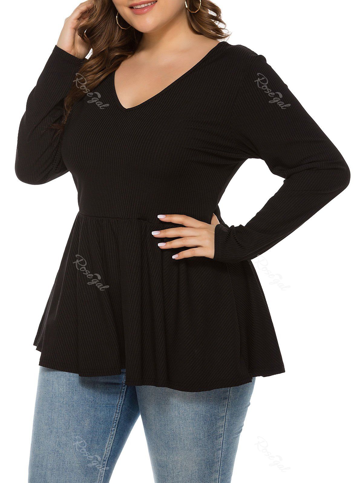 

Plus Size Ribbed Long Sleeve Tunic Top, Black