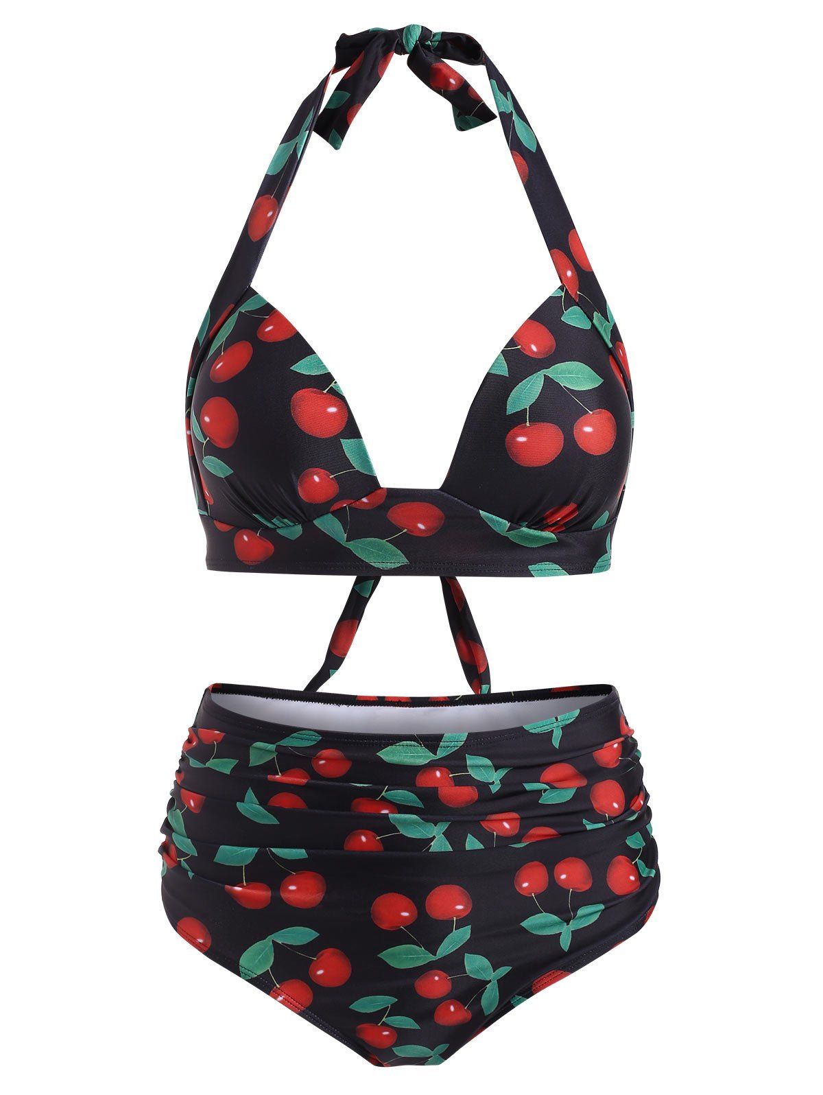 

Cherry Print Halter High Rise Bikini Swimsuit, Black