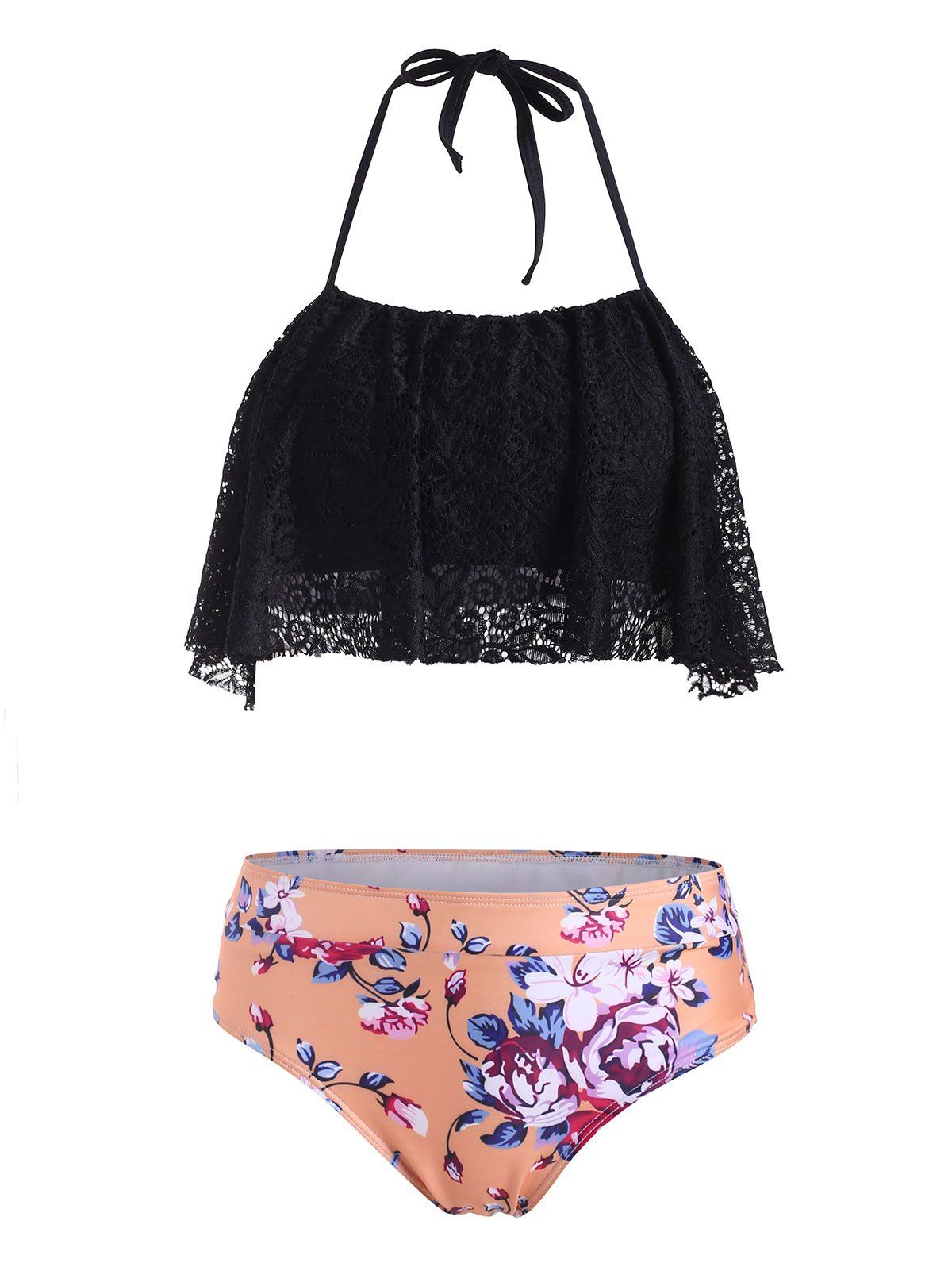 

Lace Flounce Flower Print Halter Bikini Swimwear, Black