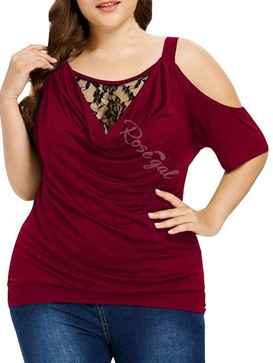 

Plus Size Lace Insert Cold Shoulder Front Cowl T Shirt, Red wine