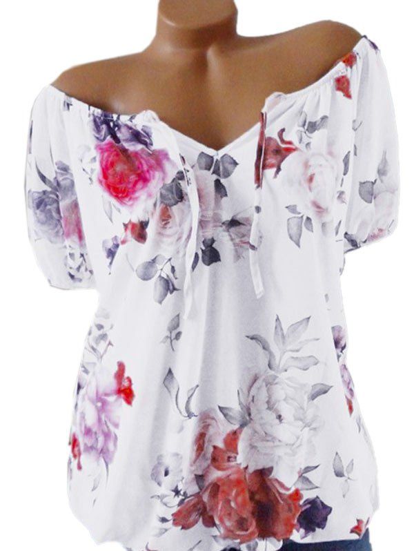 

Plus Size Floral Print Peasant Blouse, White