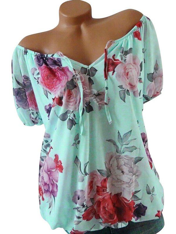 

Plus Size Floral Print Peasant Blouse, Light aquamarine