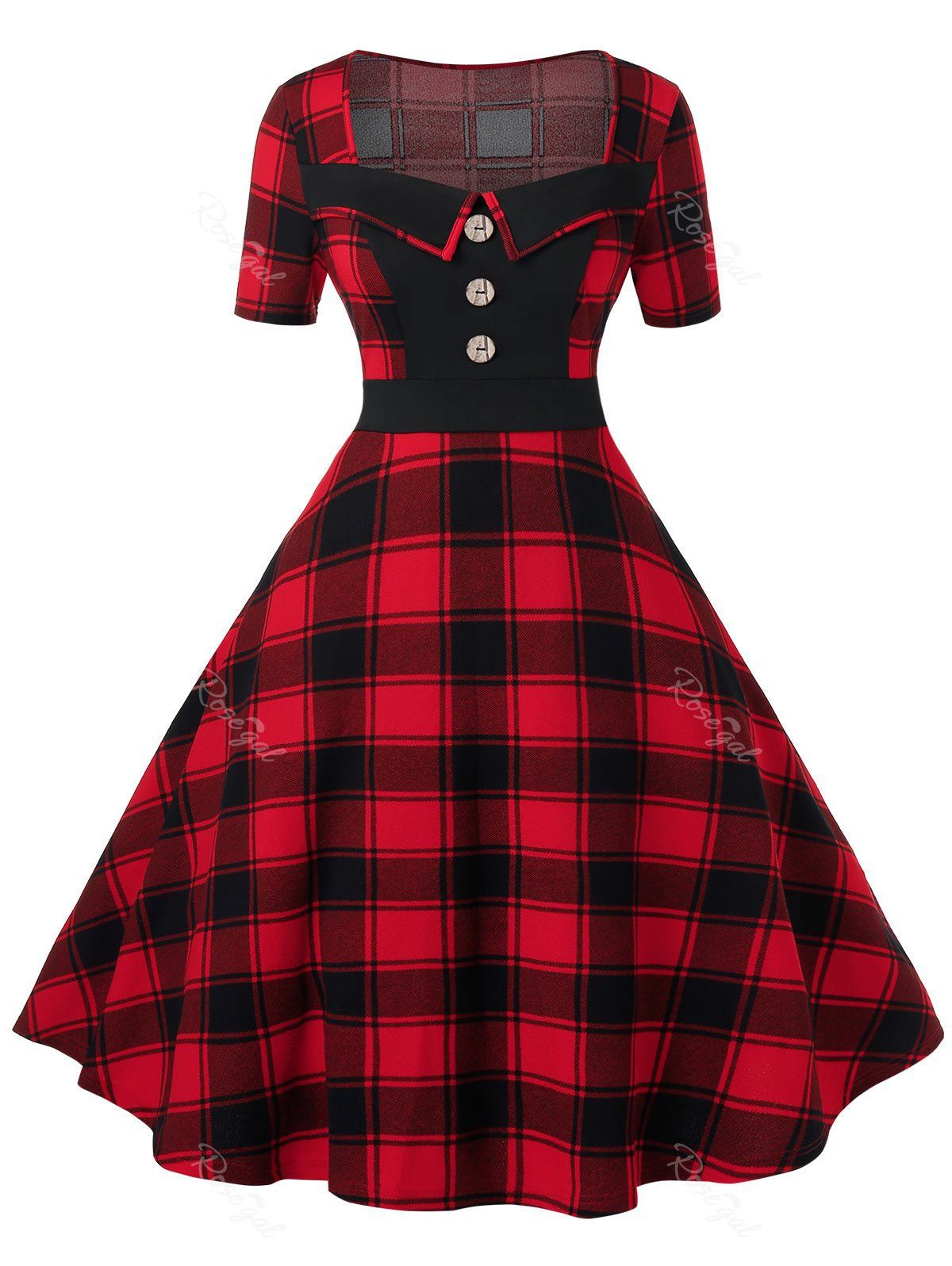 

Plus Size Checkered Pattern Button A Line Dress, Red