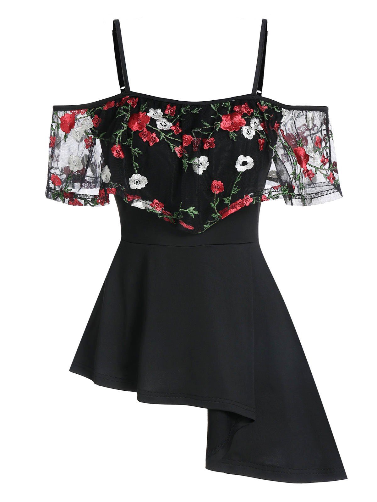 

Flower Embroidered Asymmetric Open Shoulder T-shirt, Black