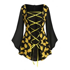 

Back Zipper Lace Up Floral Plus Size Blouse, Black