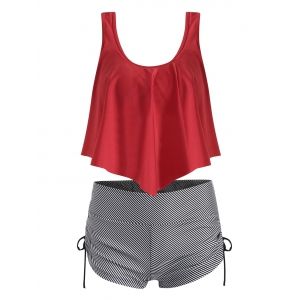 

Striped Cinched Flounce Overlay Tankini Swimwear, Red