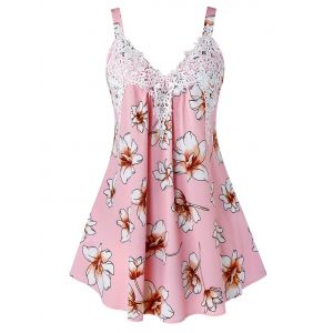 

Plus Size Lace Panel Flower Print Tank Top, Light pink
