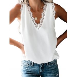 

Lace Panel Low Cut Tank Top, White