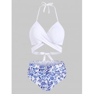 

Flower Bird Pineapple Halter Criss Cross Tummy Control Bikini Swimwear, White