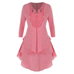 

Plus Size Space Dye V Neck Lace Layered Top, Light pink
