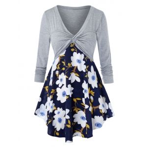 

Plus Size Flower Print Twisted Long Sleeve Tunic Tee, Gray cloud