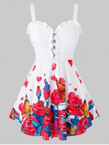 Plus Size Floral Print Button Ruffle Tank Top