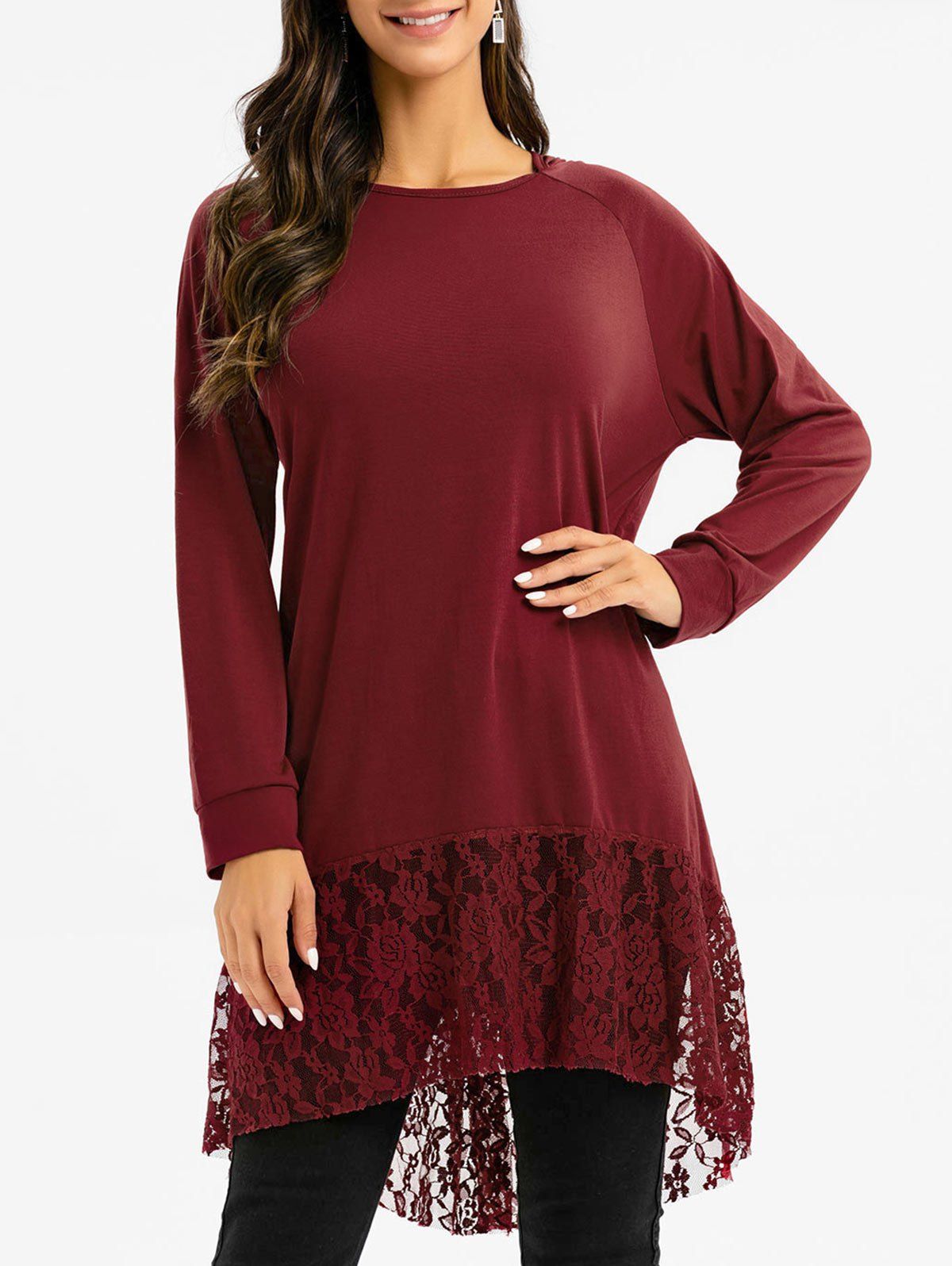 

Floral Lace Panel Hooded Long Sleeves Top, Red wine