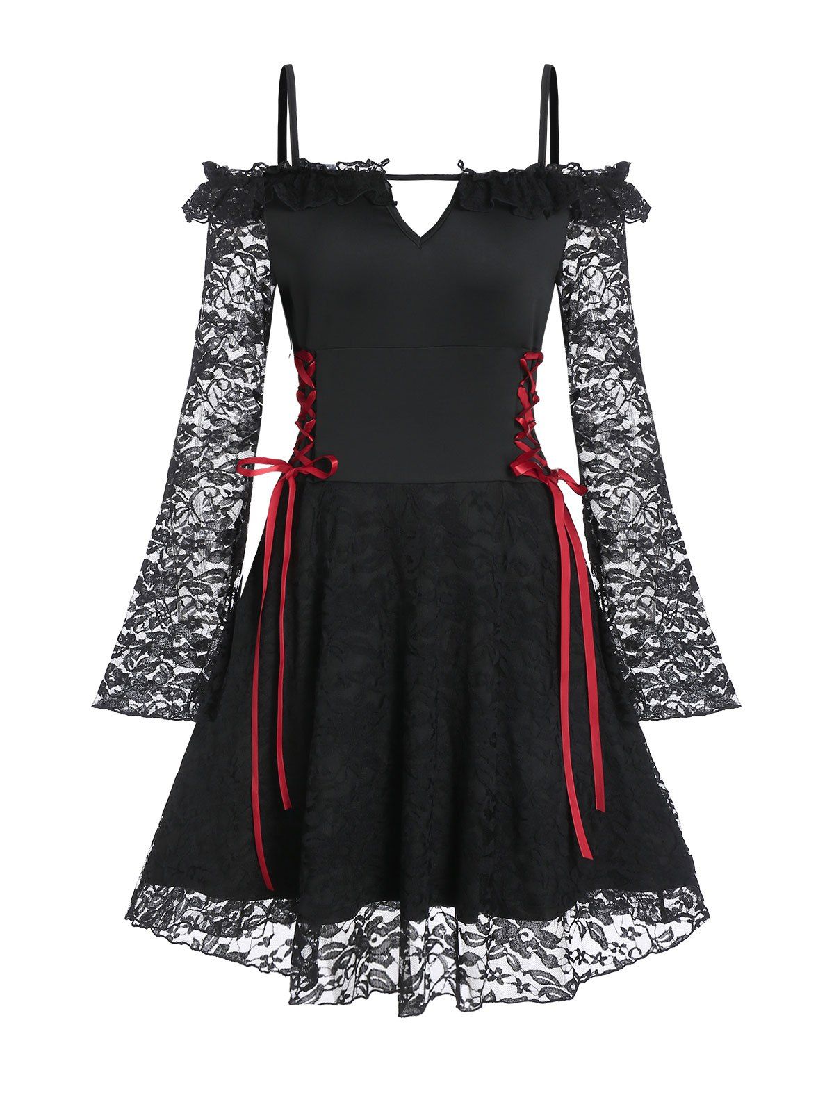 

Keyhole Flare Sleeve Lace Up Mini Gothic Dress, Black