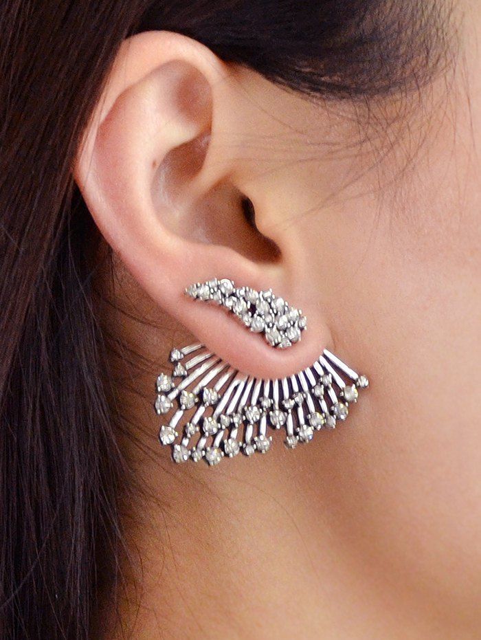 

1PC Rhinestone Feather Ear Jacket, Silver