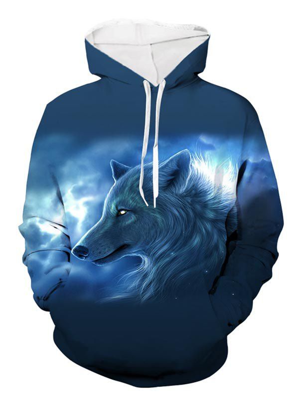 

Wolf Printed Pouch Pocket Hoodie, Deep blue