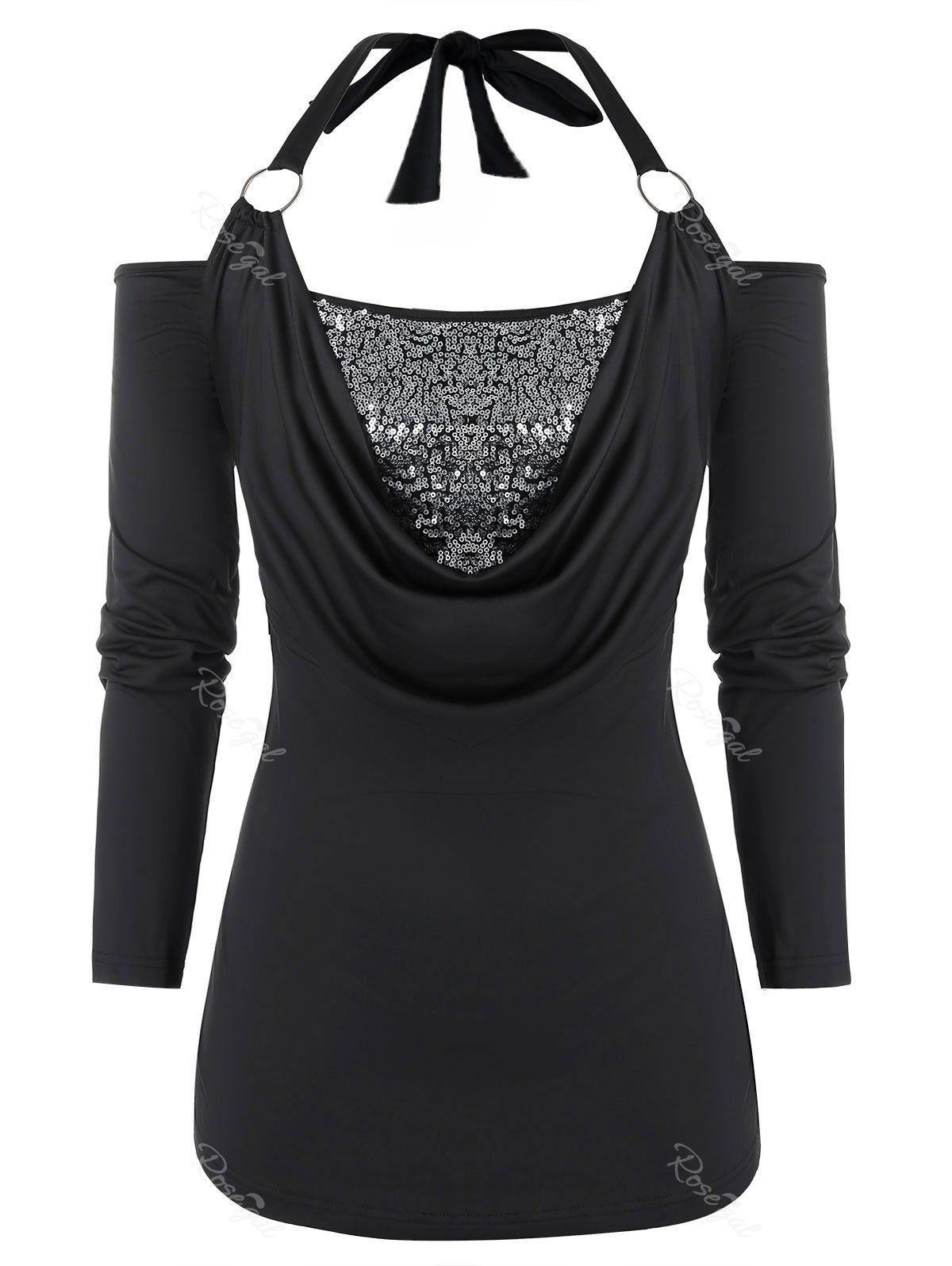 

Plus Size Front Cowl Sequins Halter T Shirt, Black