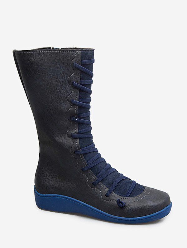 

Crisscross Leather Low Heel Mid Calf Boots, Denim dark blue