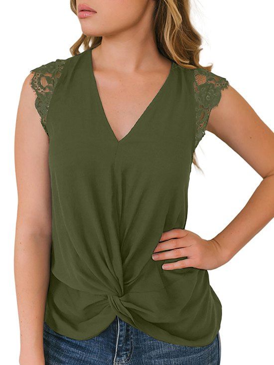 

Lace Panel Twisted Plunging Tank Top, Fern green