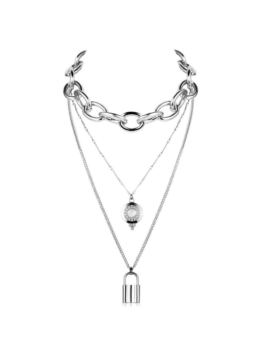 

Punk Key Lock Pendant Multilayered Chain Necklace, Silver