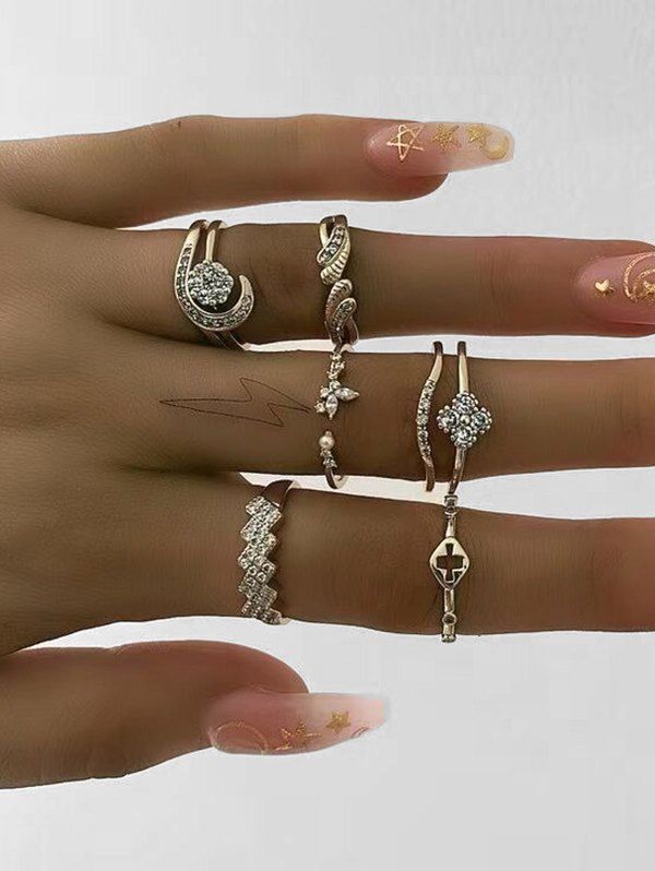 

Rhinestone Cross Flower Leaf Pattern Rings Set, Gold