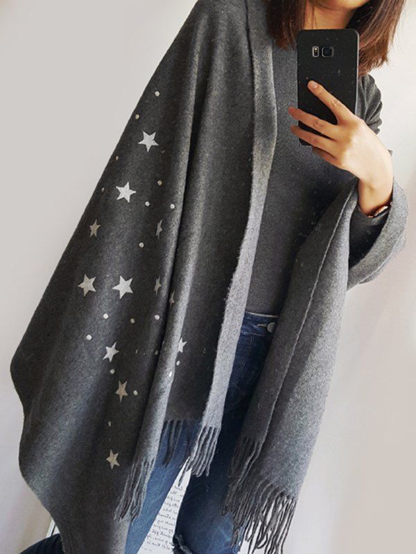 

Stars Pattern Fringe Winter Long Scarf, Gray
