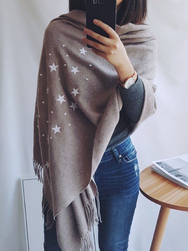 

Stars Pattern Fringe Winter Long Scarf, Camel brown
