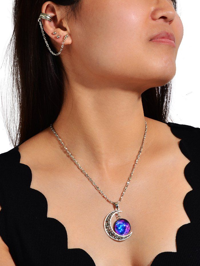

Ear Cuff Stud Earring And Moon Pendant Necklace Set, Purple amethyst