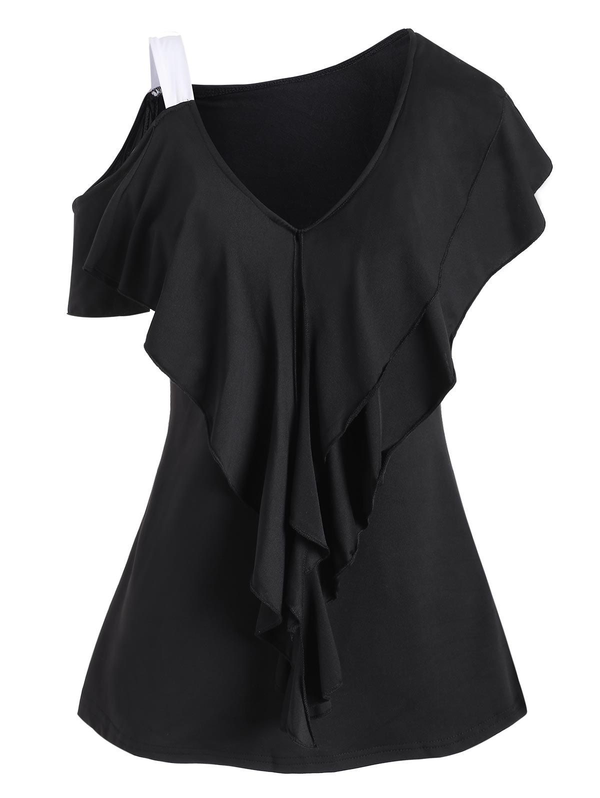 

Open Shoulder Layered Flounces V Neck Top, Black
