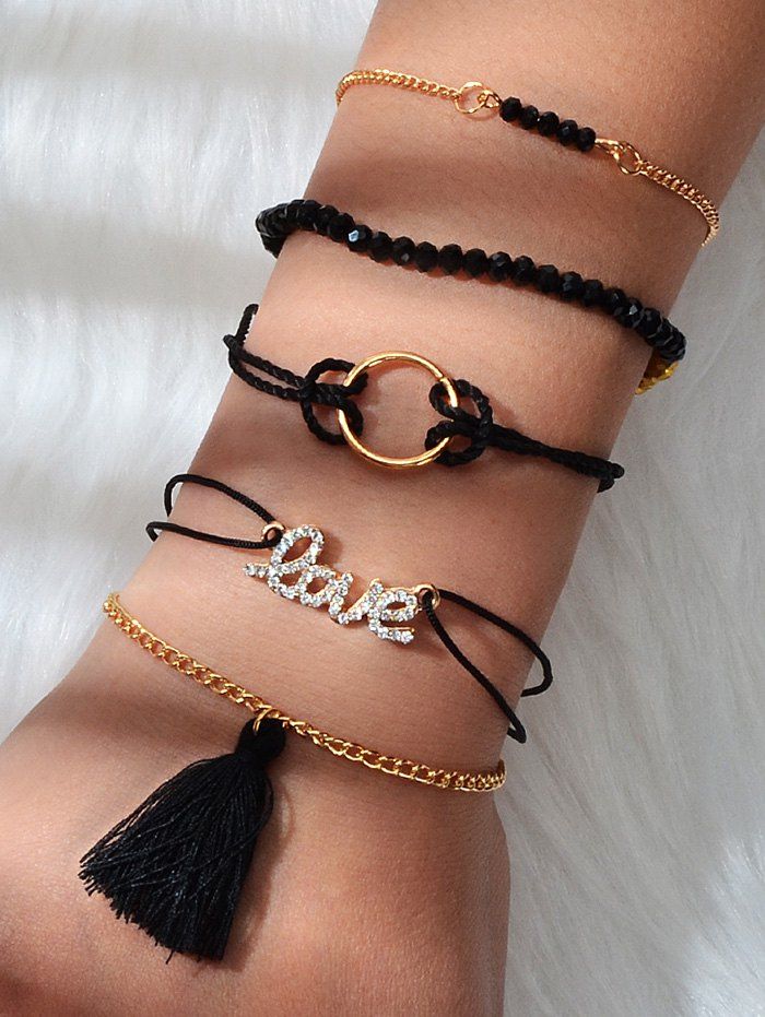 

5 Piece Fringe Letter Beaded Rope Bracelets Set, Black