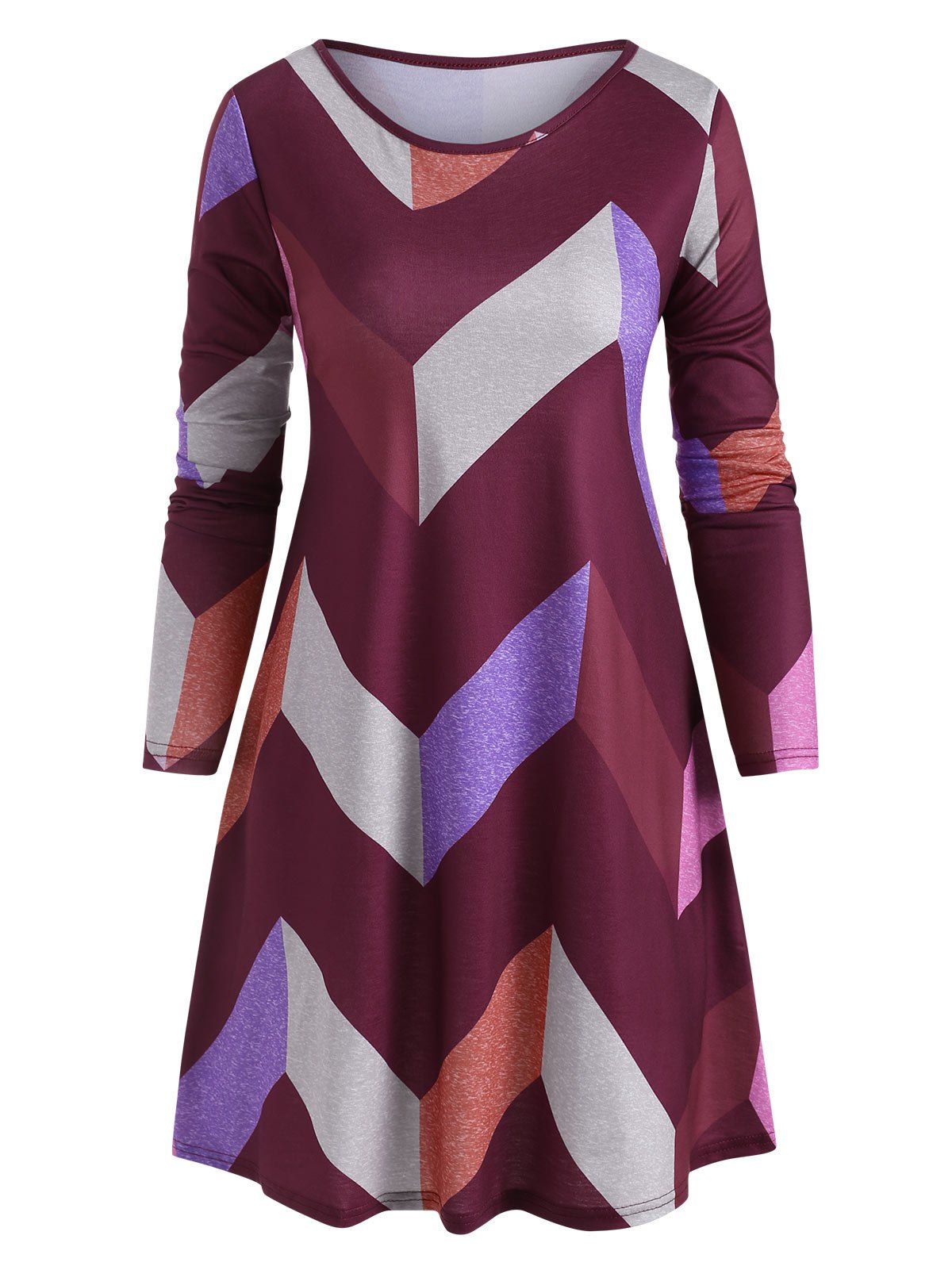 

Geometric Colorblock Long Sleeve Tunic Dress, Firebrick