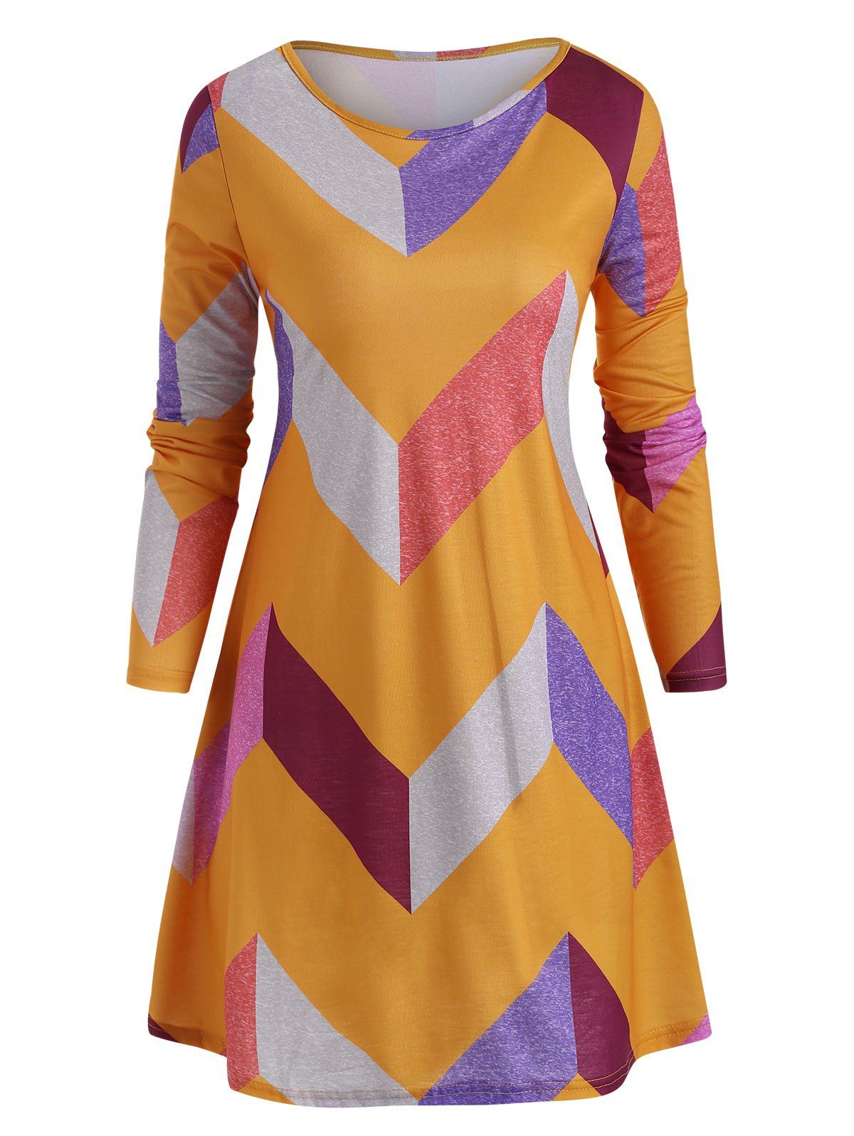 

Geometric Colorblock Long Sleeve Tunic Dress, Golden brown