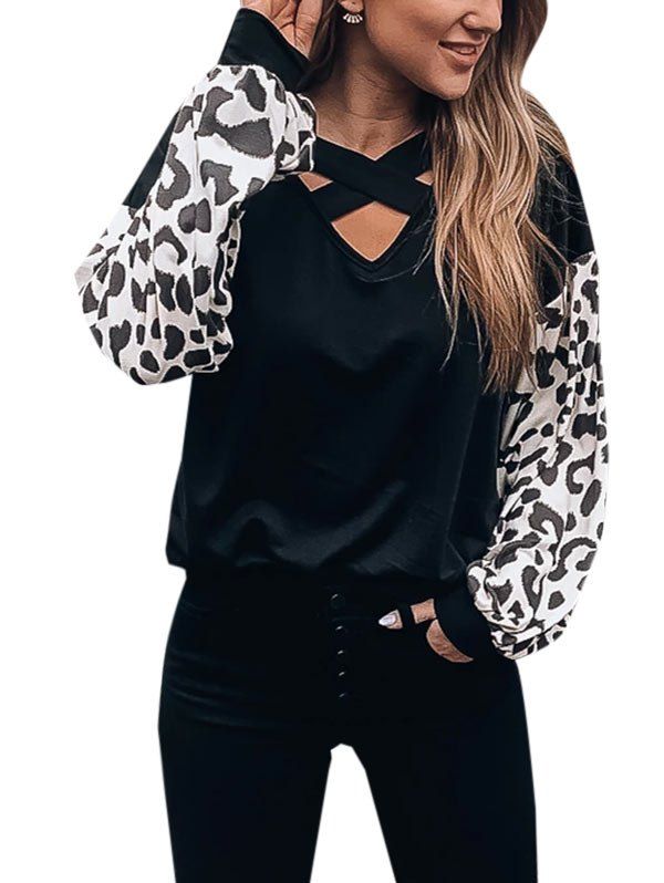 

Leopard Criss Cross Drop Shoulder V Neck Sweatshirt, Black