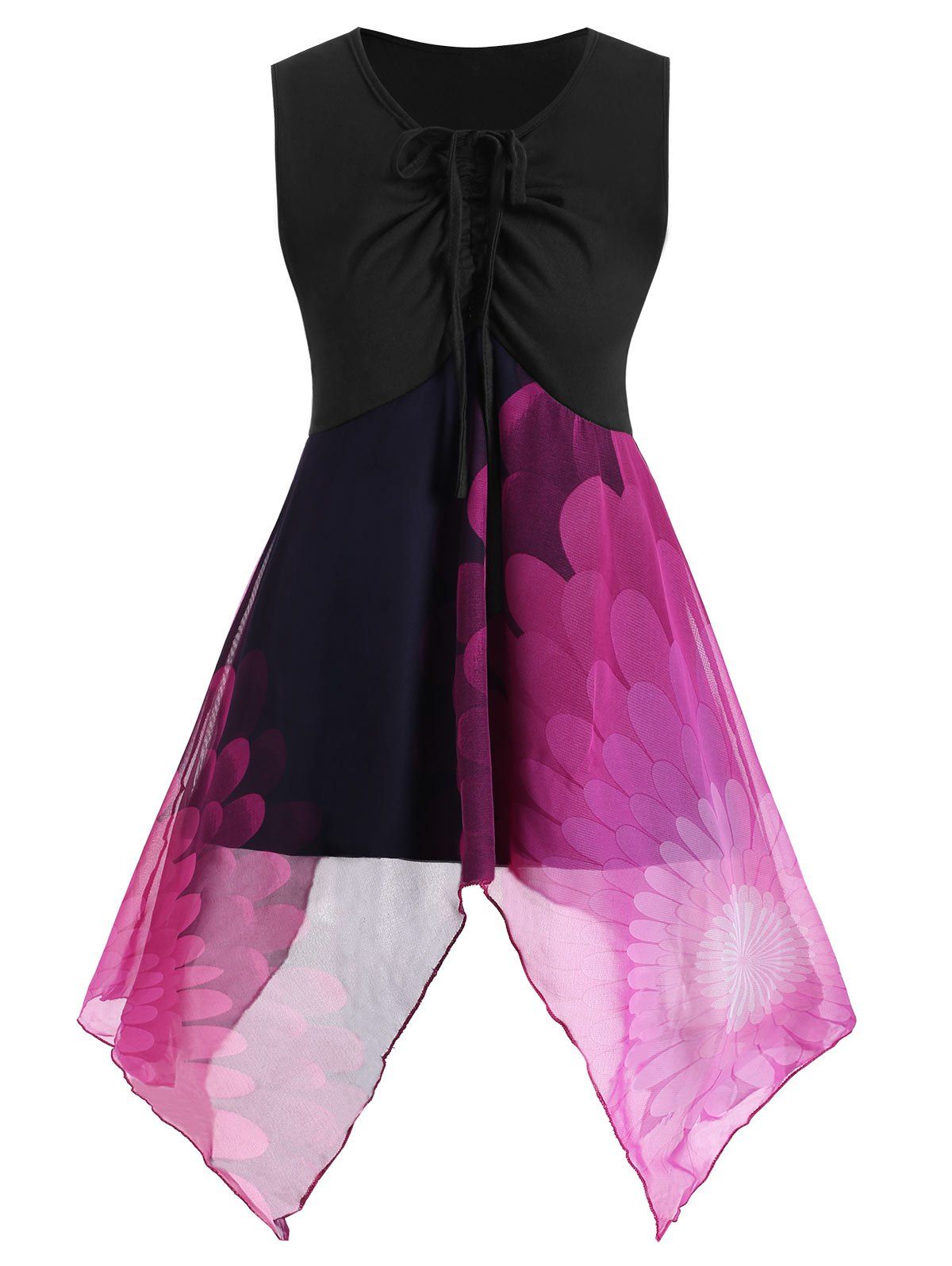 

Chiffon Asymmetrical Cinched Printed Tank Top, Plum