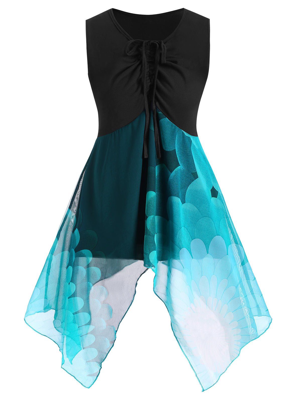 

Chiffon Asymmetrical Cinched Printed Tank Top, Macaw blue green
