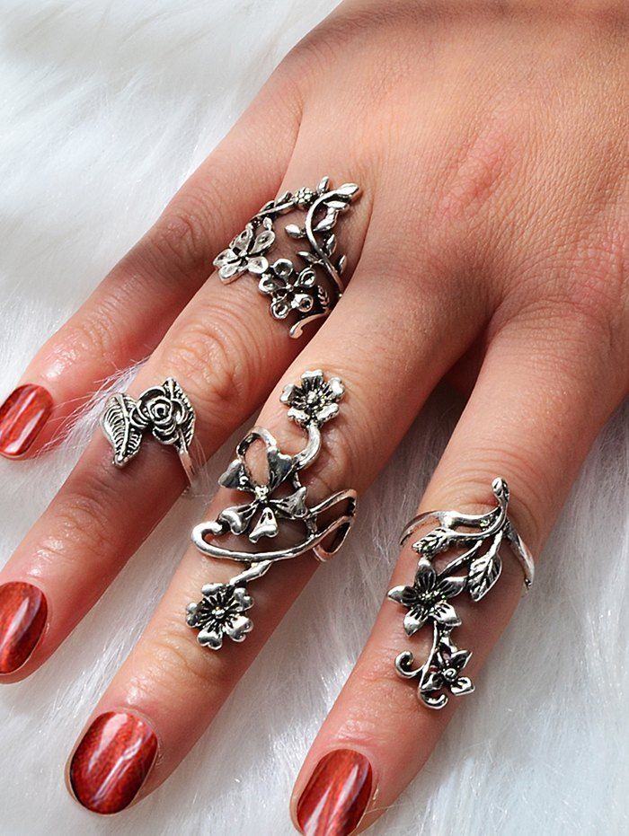 

Alloy Flower Ring Set, Silver