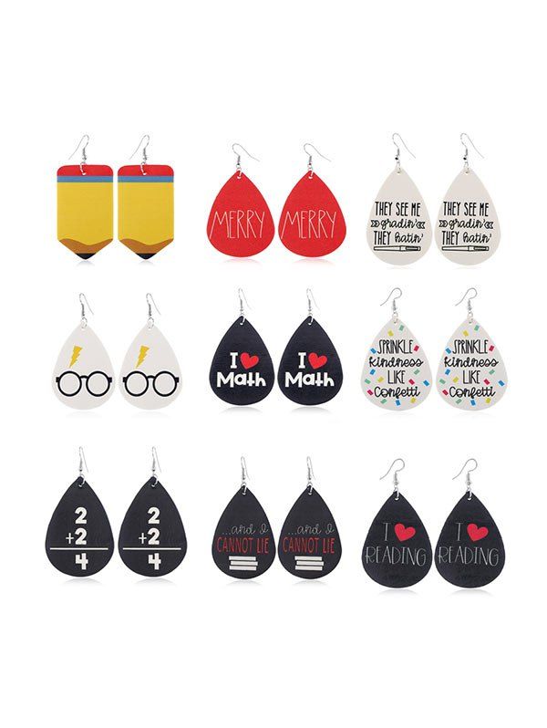 

9 Pairs Water Drop Letter Leather Earrings Set, Multi