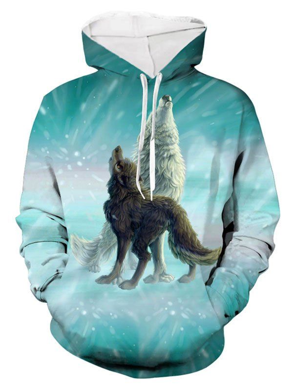 

Animal Wolf Print Pocket Hoodie, Baby blue