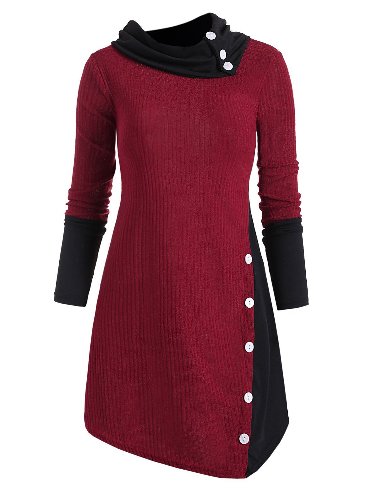 

Two Tone Ribbed Knit Mock Knit Tunic Knitwear, Red wine